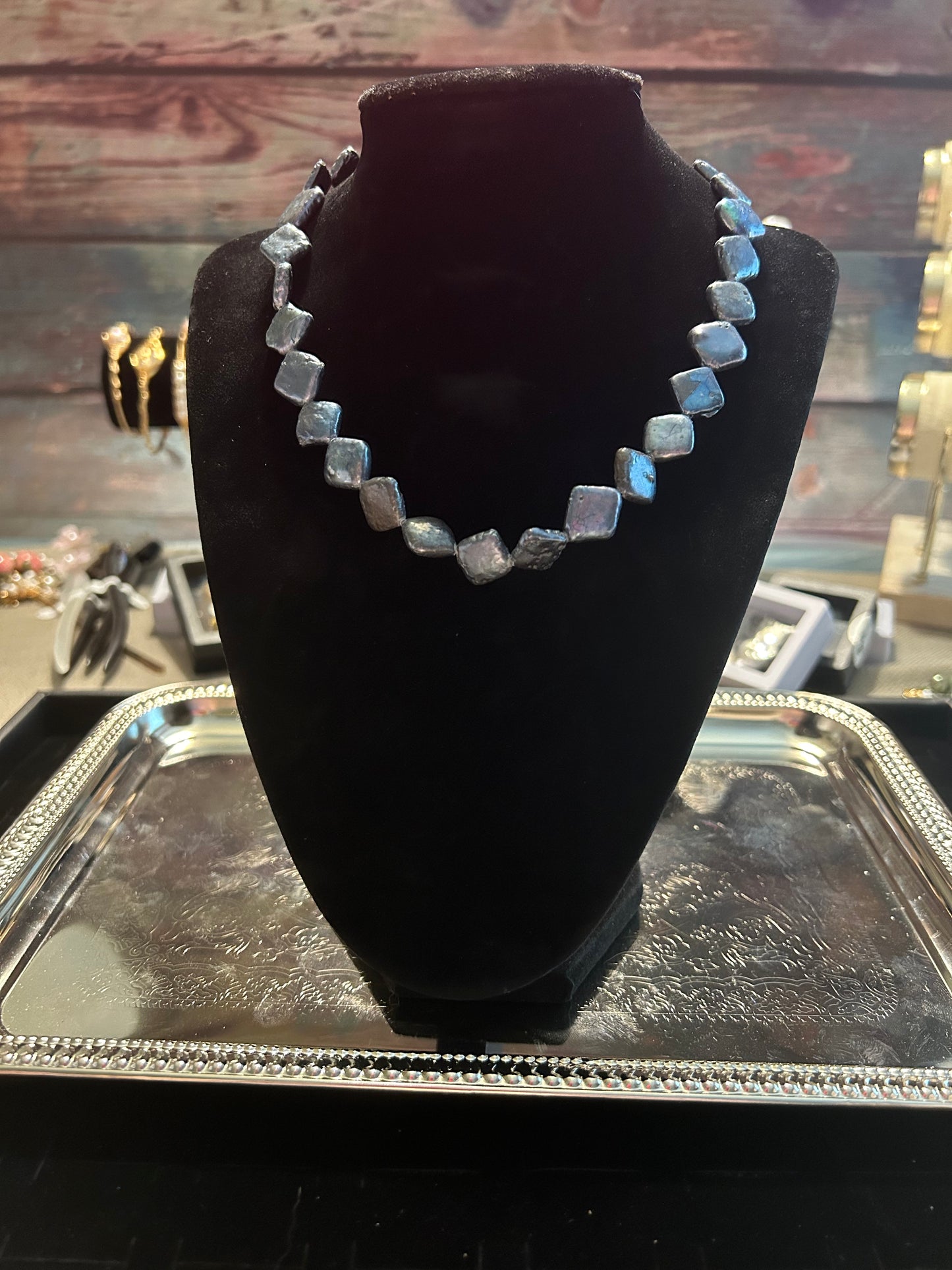 Blue diamond shaped baroque necklace
