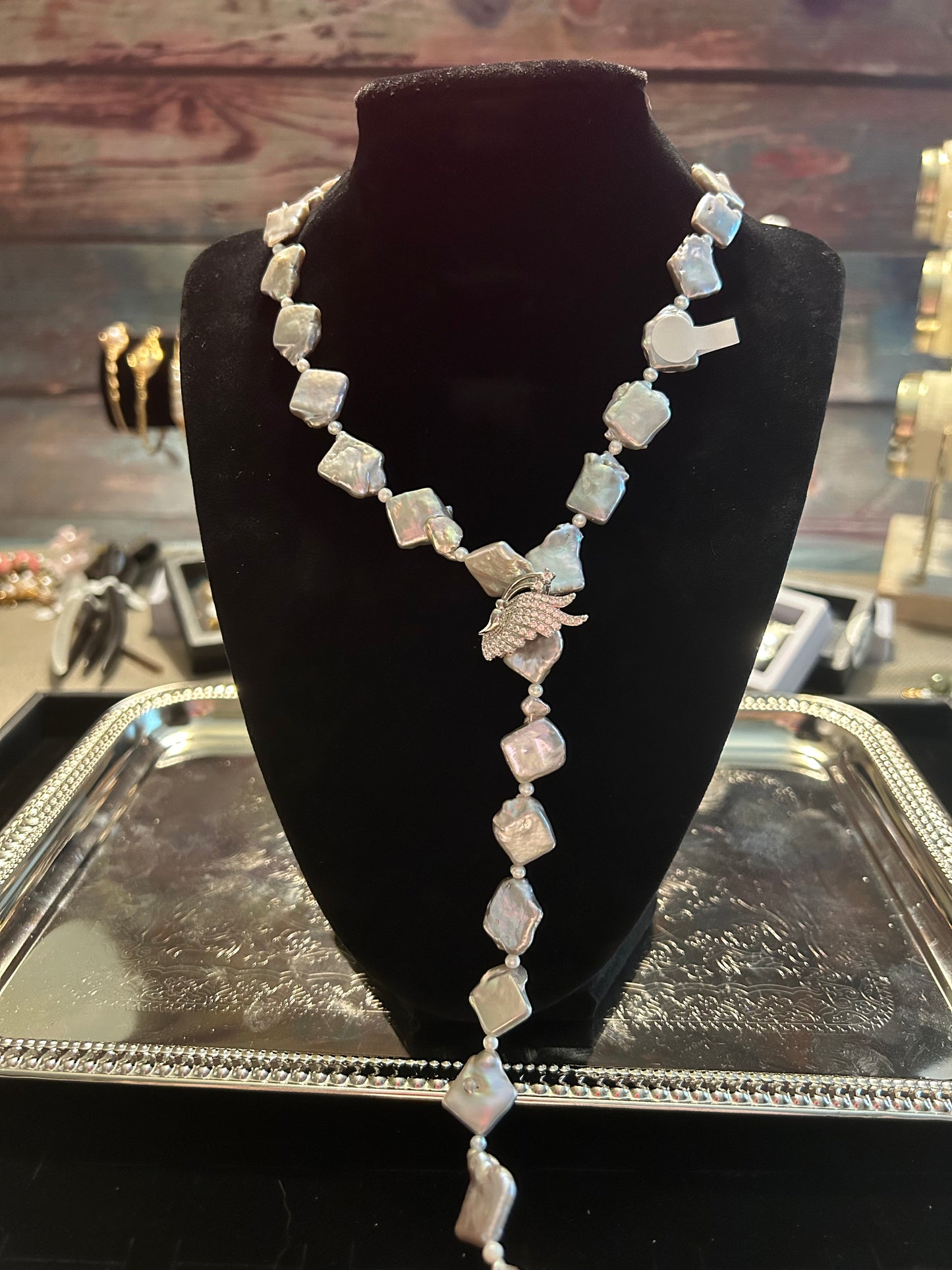 Lariat silver baroque necklace