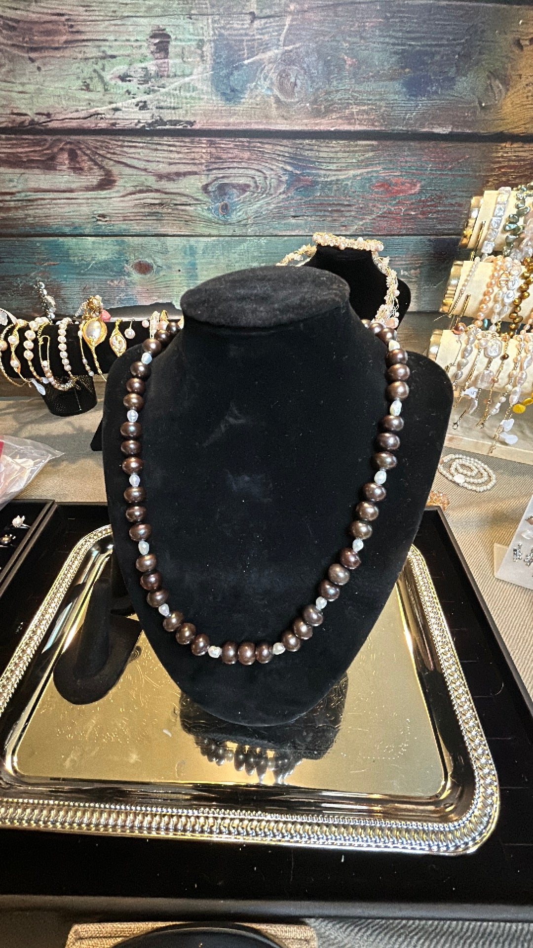 Chocolate brown & white freshwater pearl long necklace