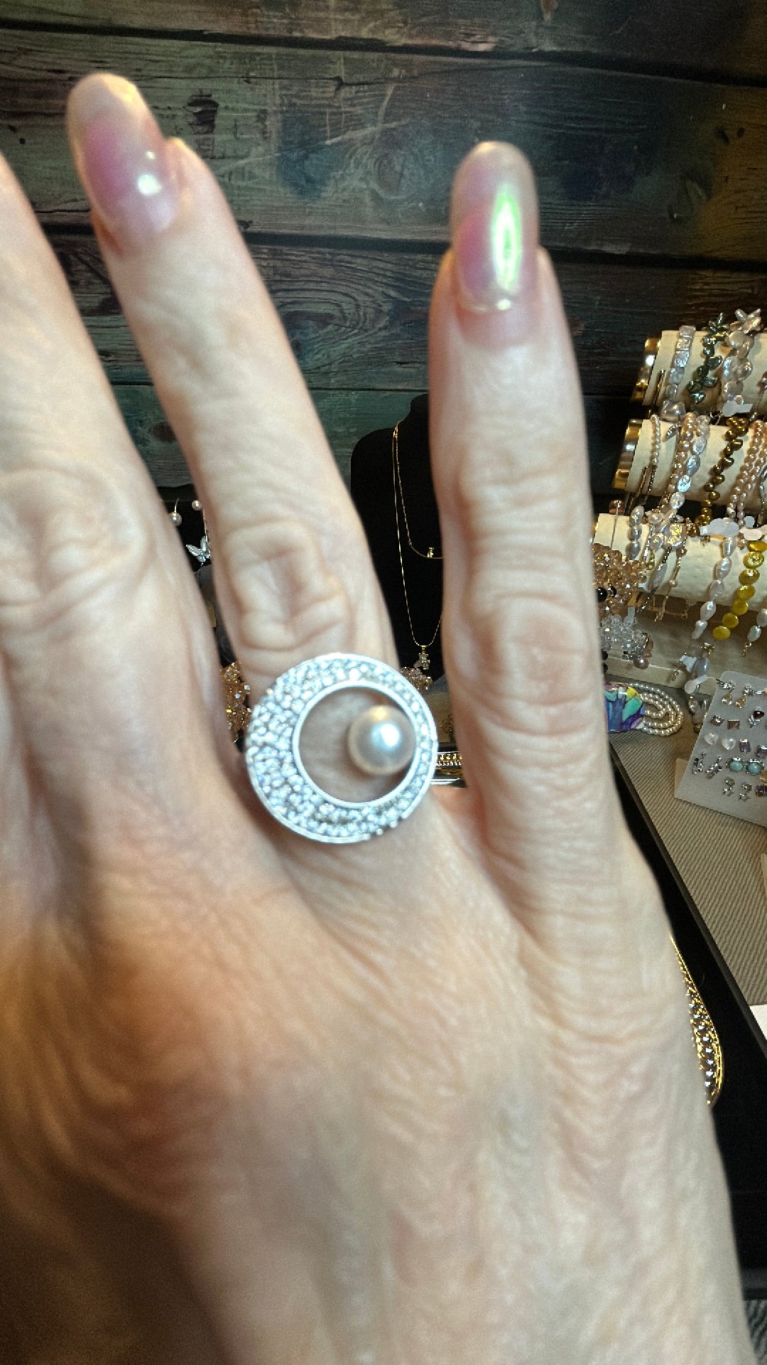 White freshwater pearl & clear CZ adjustable ring