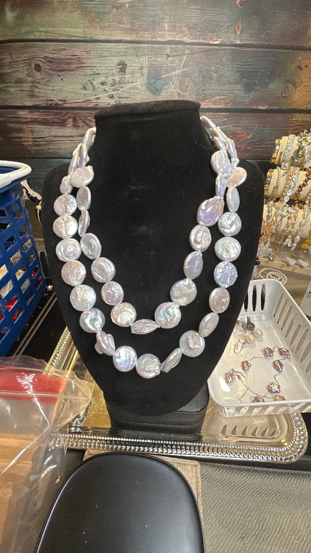 Double strand round baroque necklace in silver