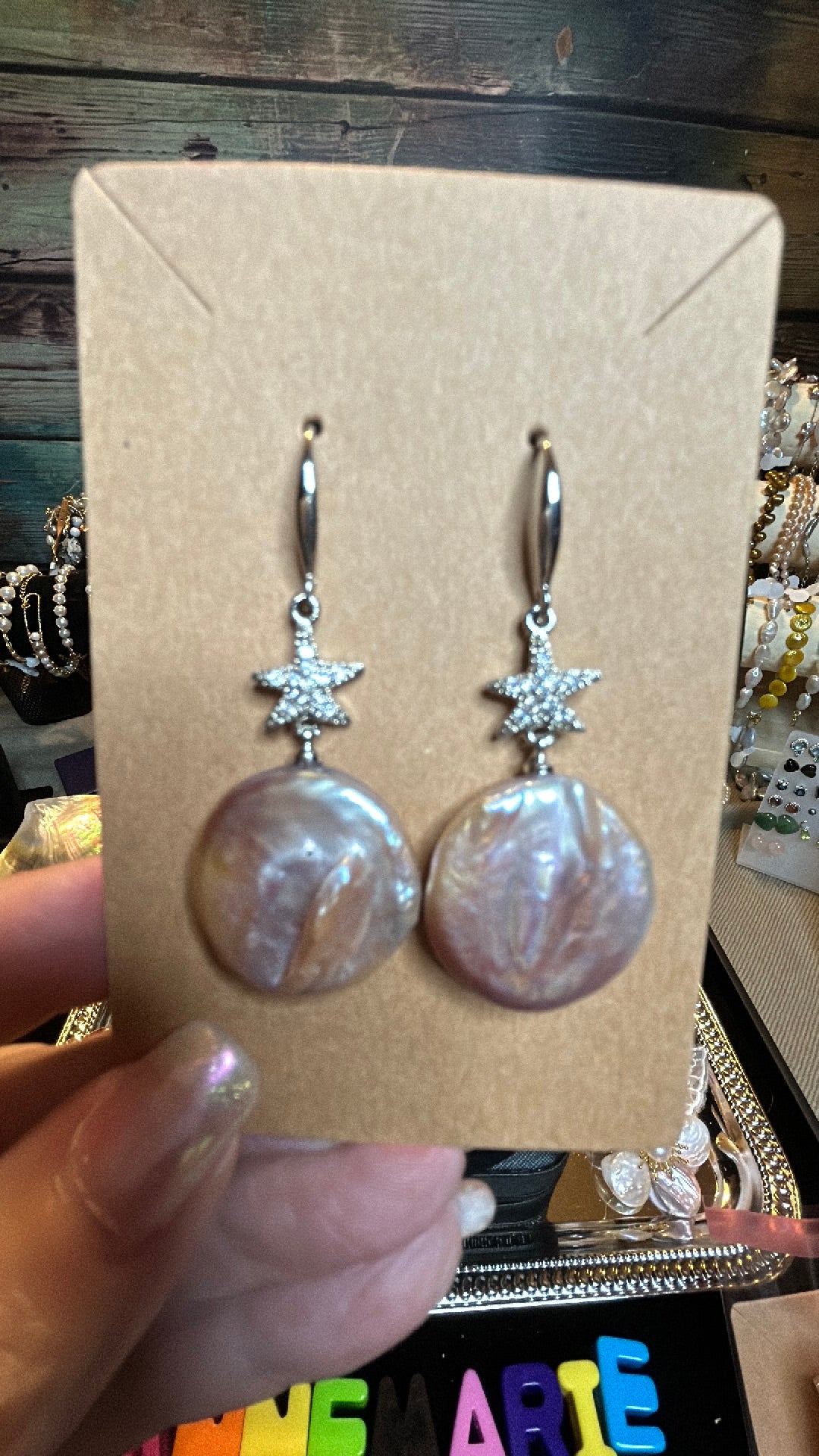 Silver star large round purple baroque earrings