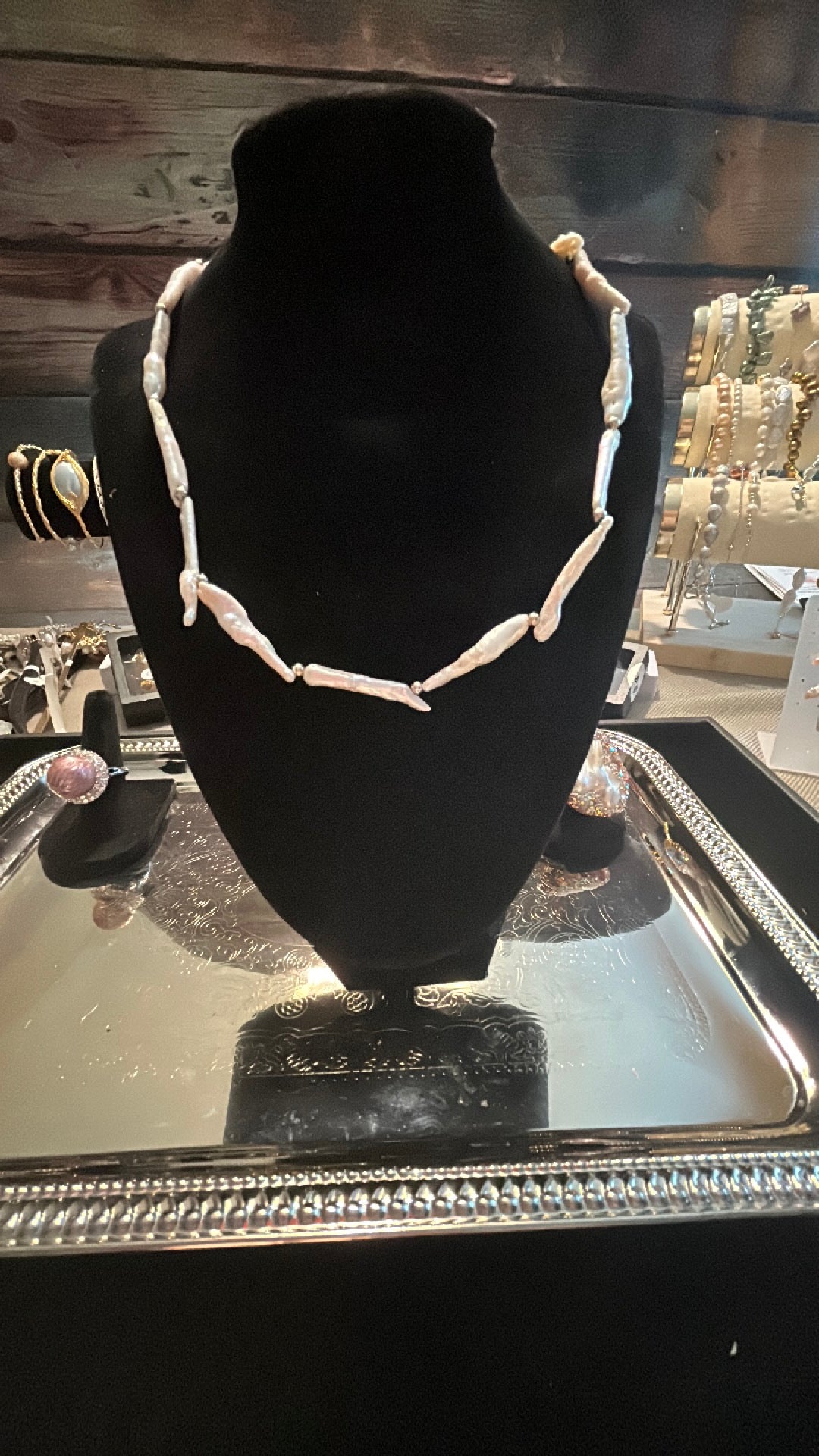 Kashi or stick style baroque silver necklace