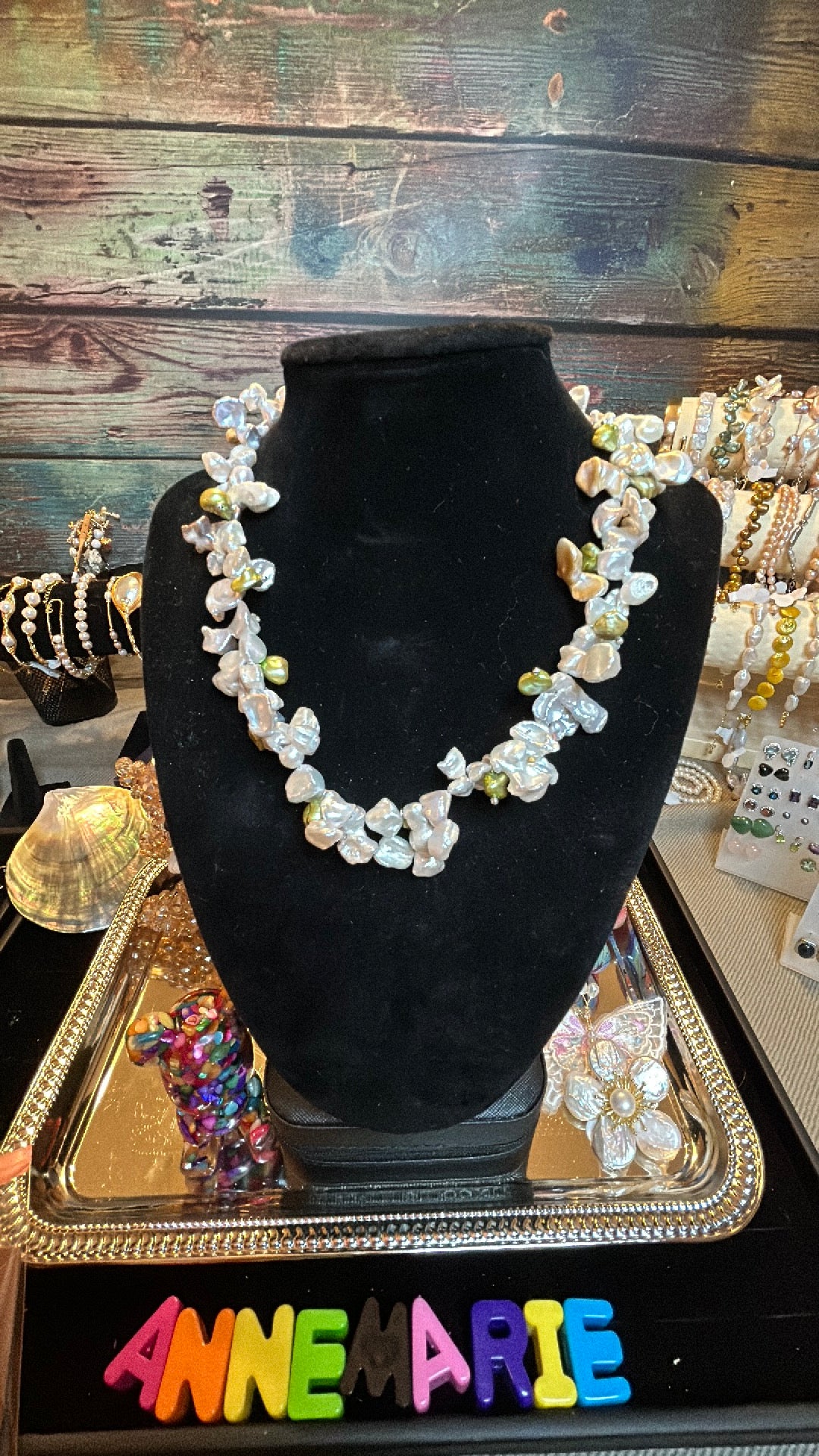 Champagne white with green accent petal baroque necklace