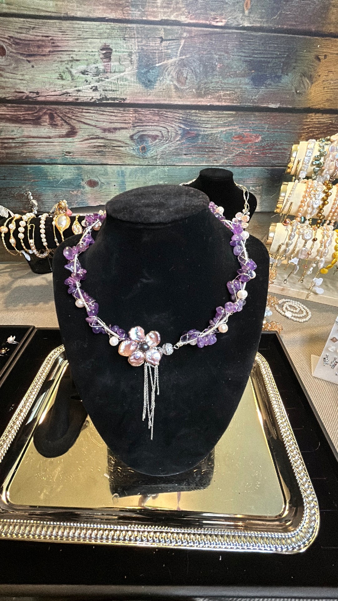 Amethyst & freshwater pearl with baroque flower choker