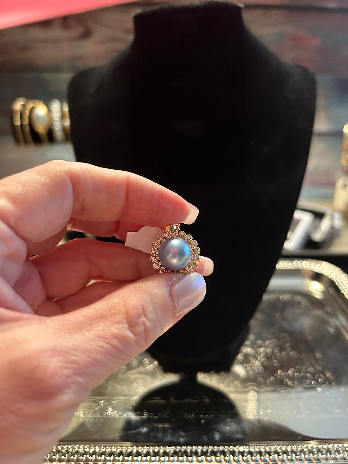 Blue freshwater pearl with CZ halo pendant