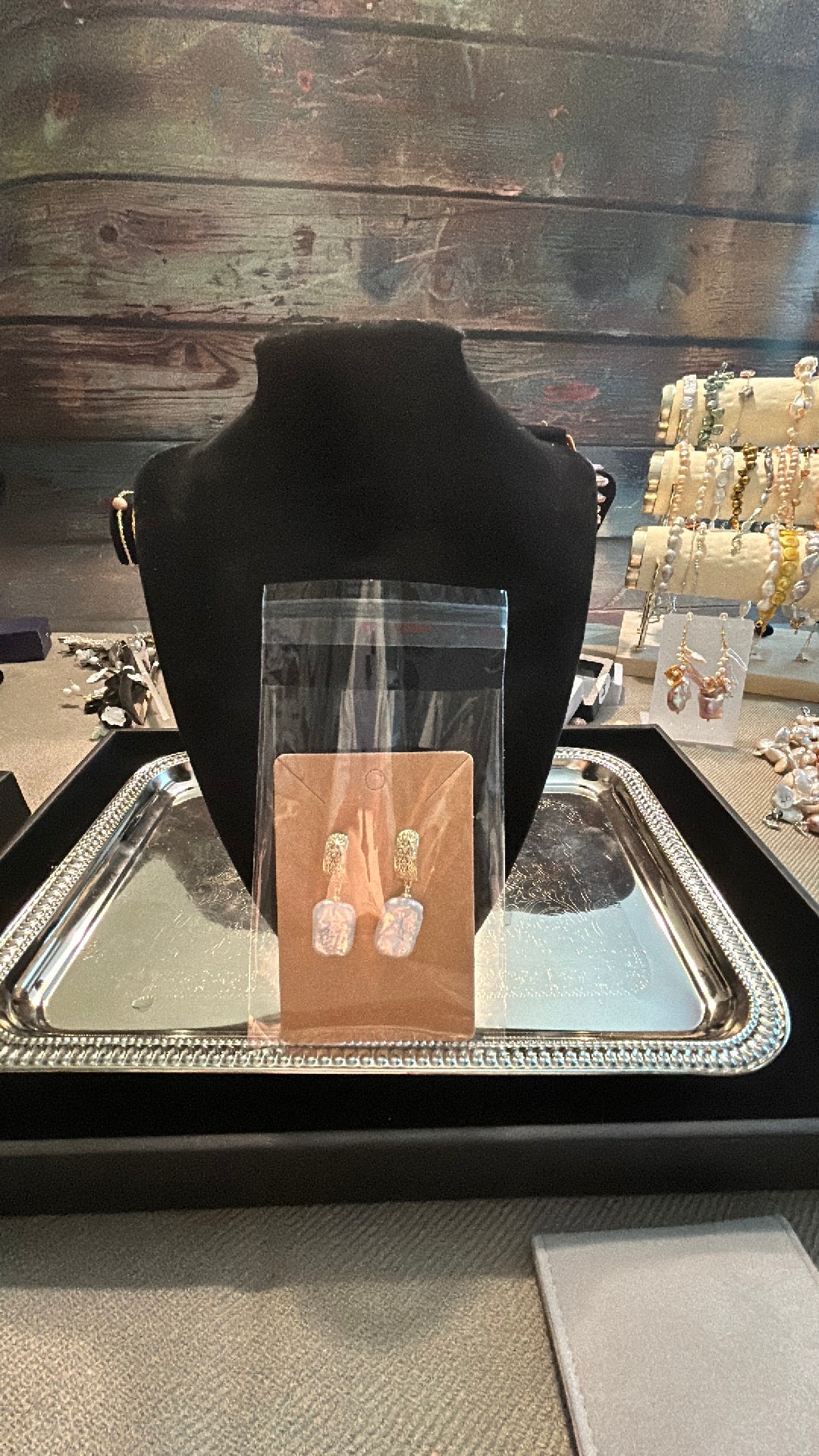 White rectangular baroque in gold setting earrings