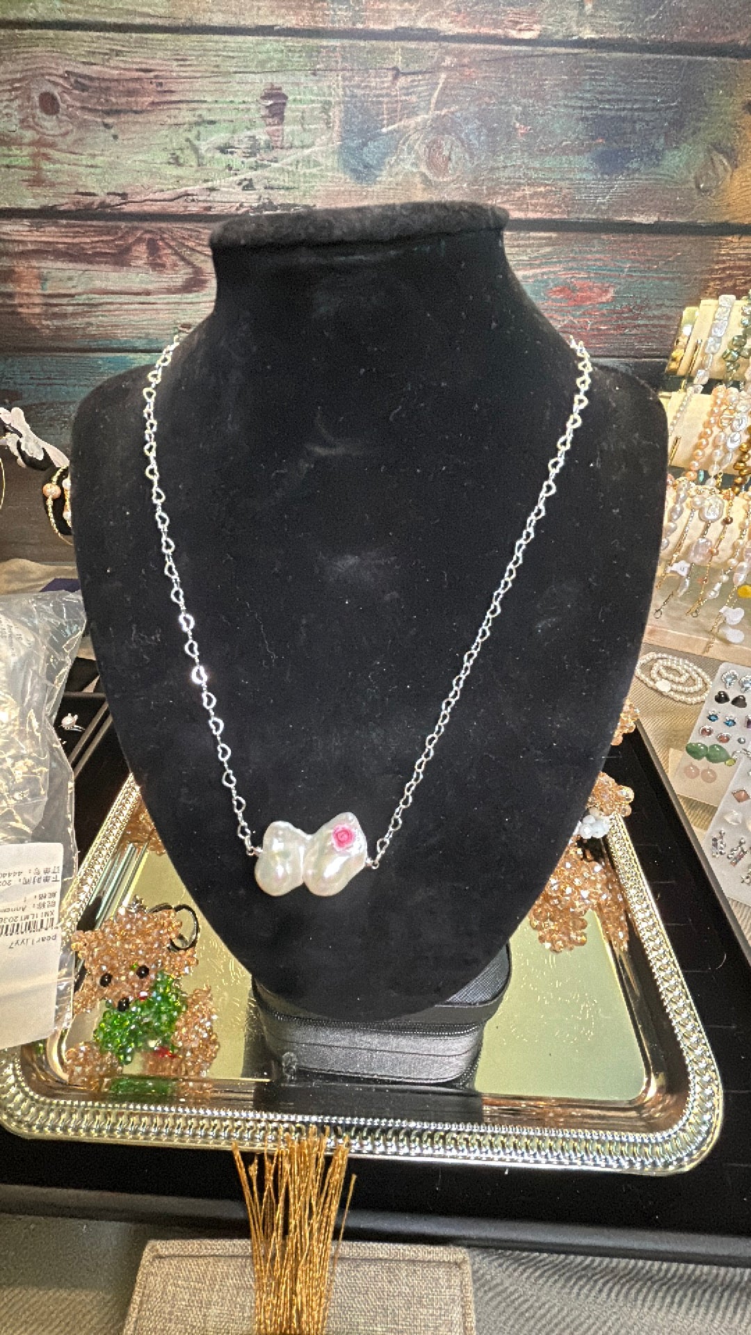 Double baroque on silver chain necklace