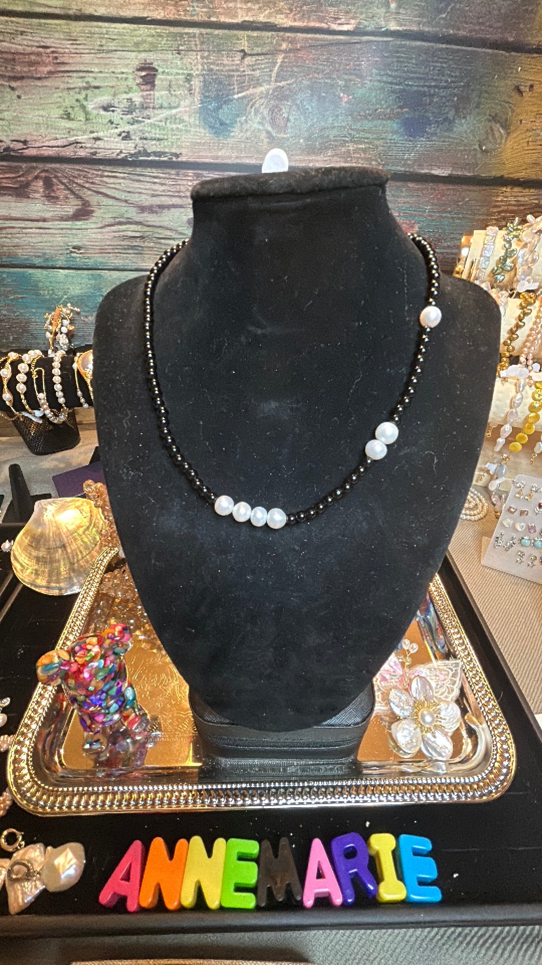 Freshwater pearl & black obsidian necklace