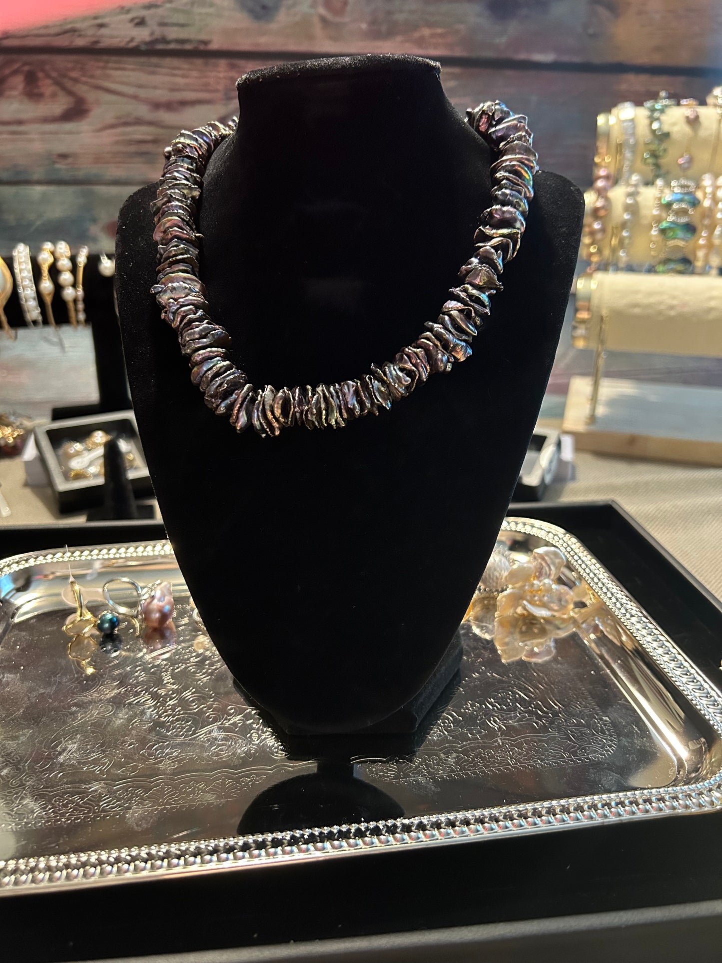 Dark rainbow button baroque necklace