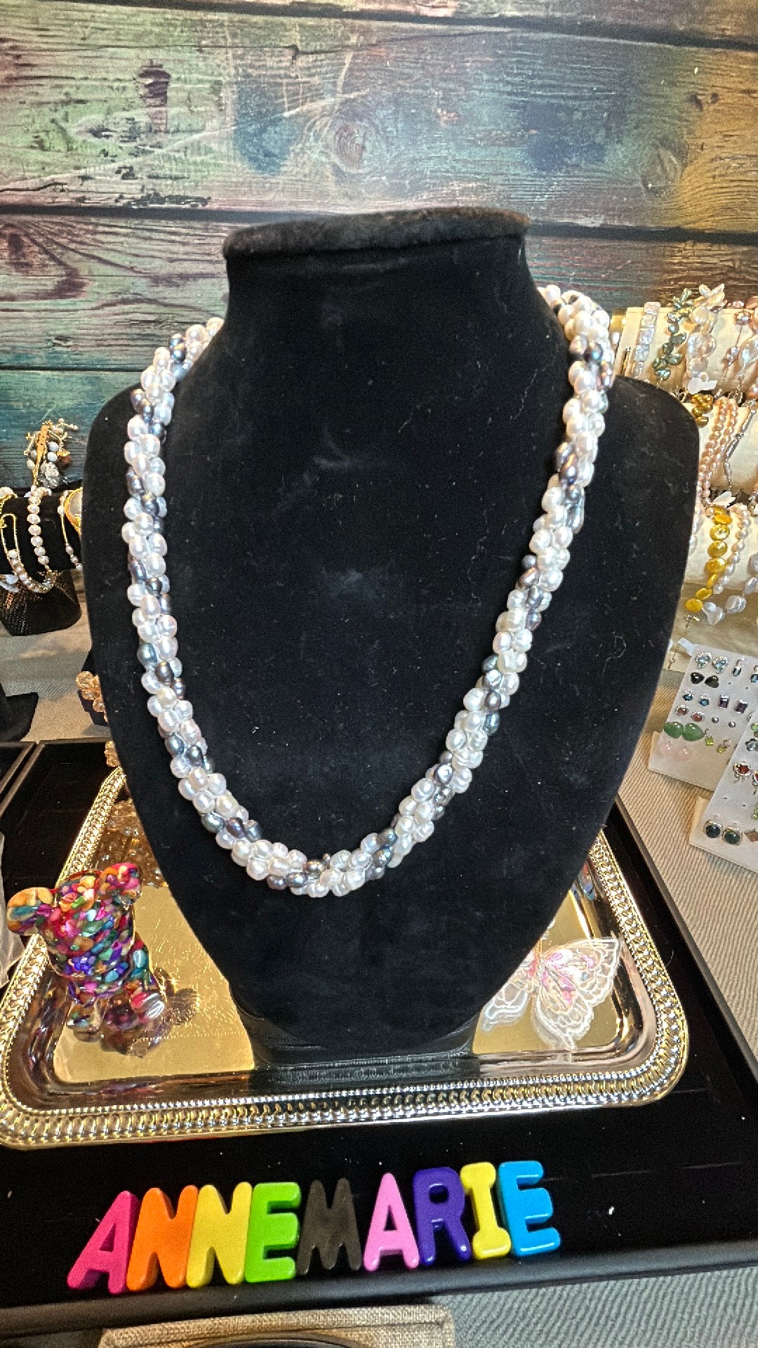Blue & white freshwater pearl rope necklace
