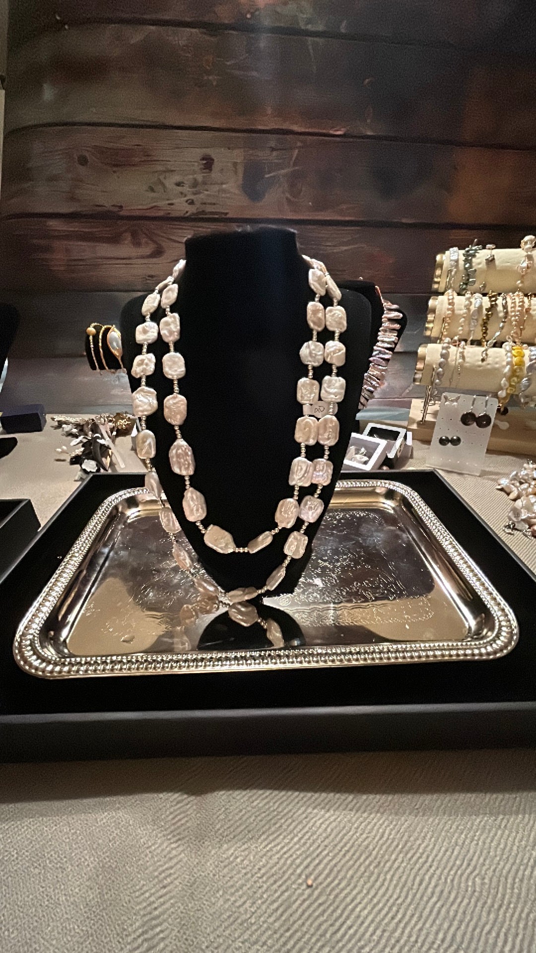 Extra long double strand rectangular baroque necklace