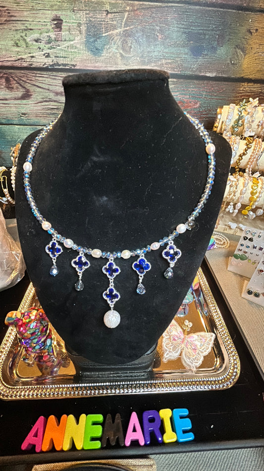 Blue crystal & freshwater pearl choker