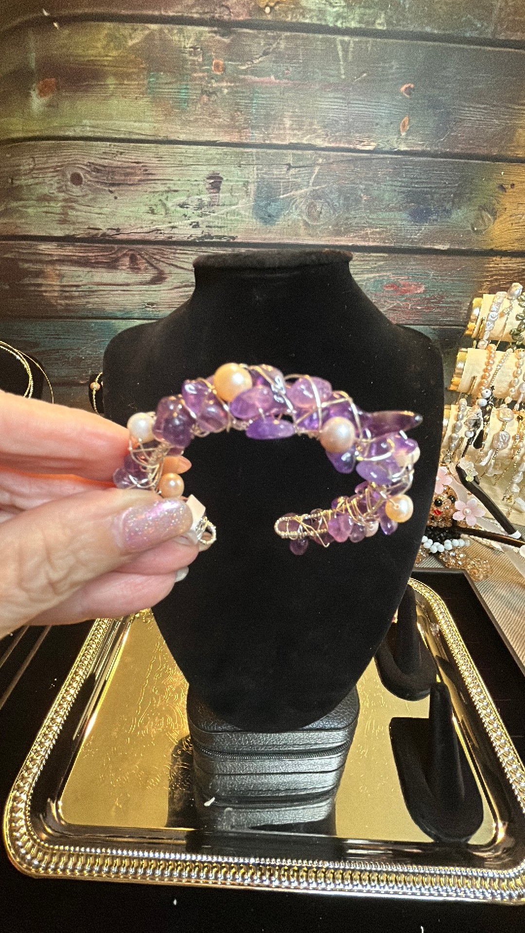 Amethyst & pearl cuff bracelet