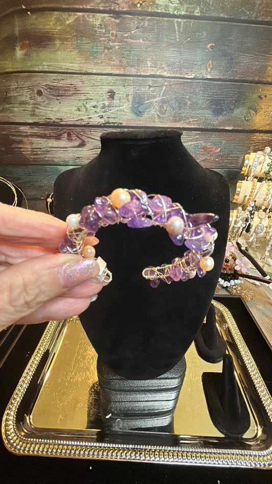 Amethyst & pearl cuff bracelet