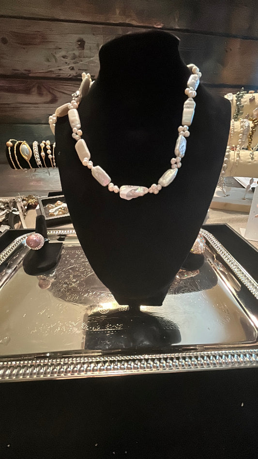 Rectangular baroque & freshwater pearl necklace & bracelet set