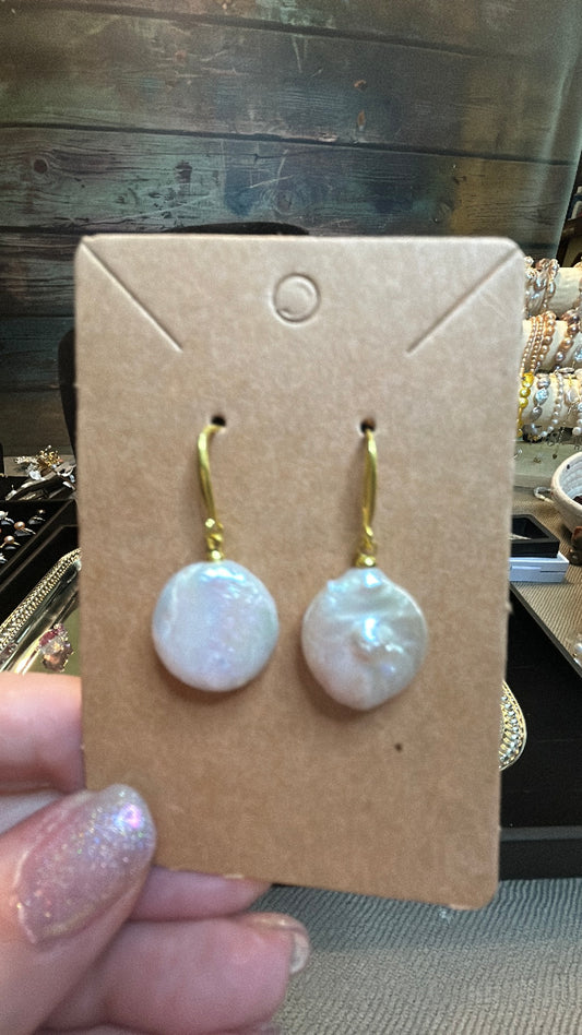 Round white baroque dangle earrings