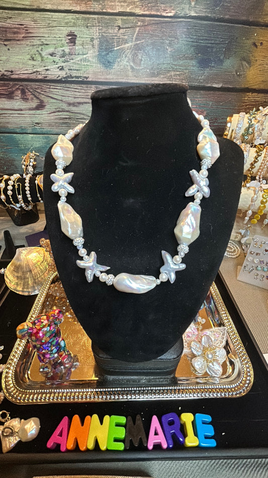 White baroque with crosses & freshwater pearl necklace