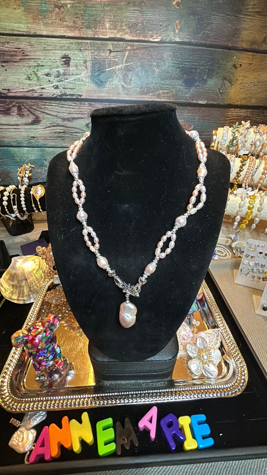 Baby freshwater pink pearl necklace with Edison pearls & baroque pendant