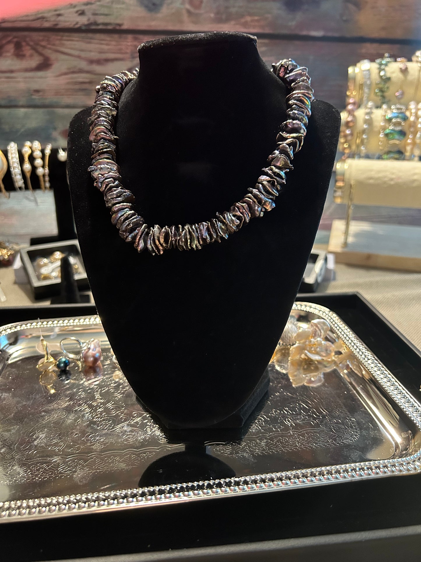 Dark rainbow button baroque necklace