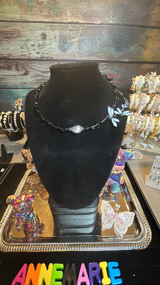 Baroque & dragonfly black obsidian choker