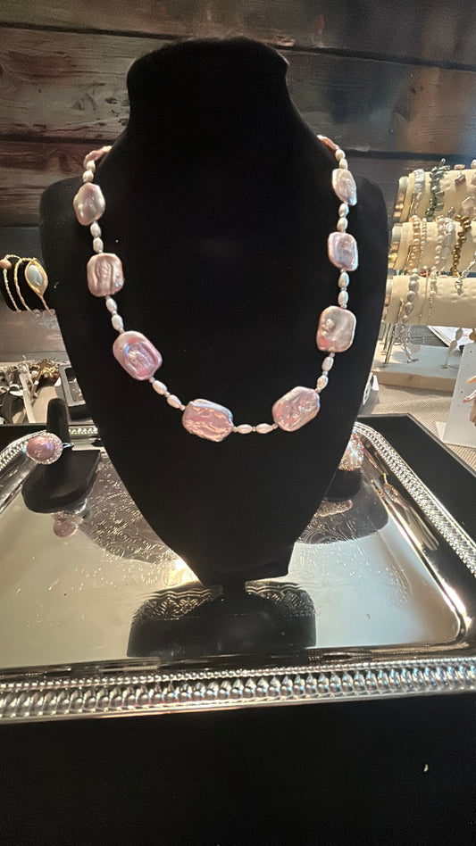 Rectangular lavender baroque with grey freshwater pearls necklace