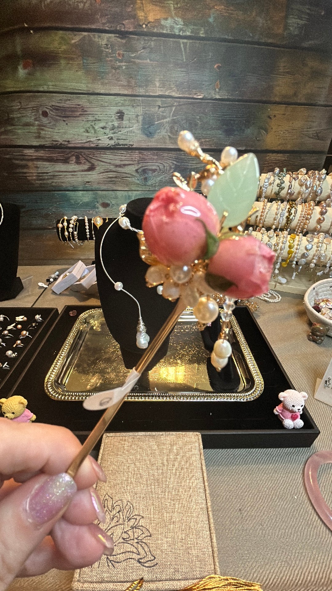 Delicate rose & freshwater pearl hair pin