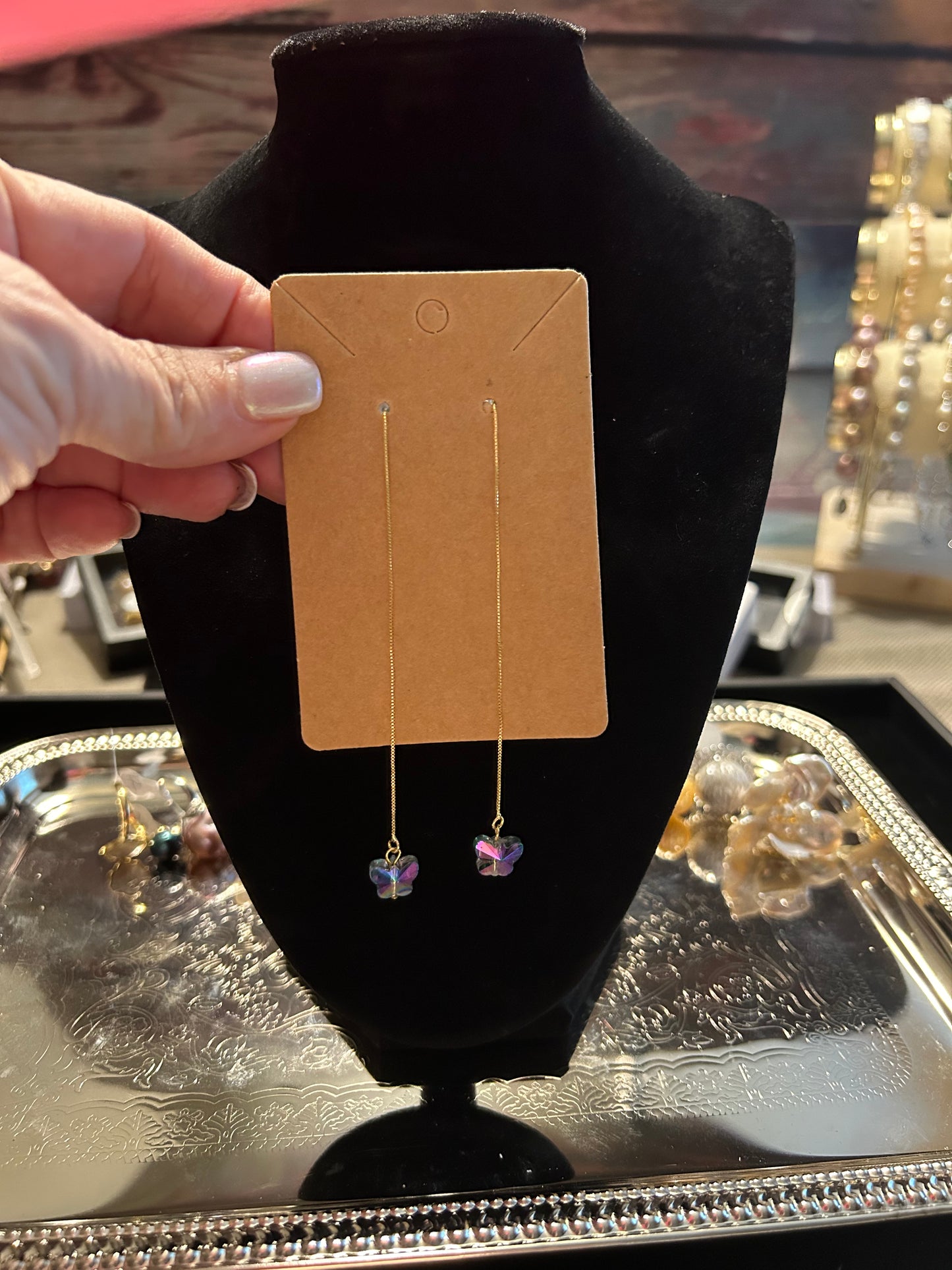 Long dangling crystal butterfly earrings