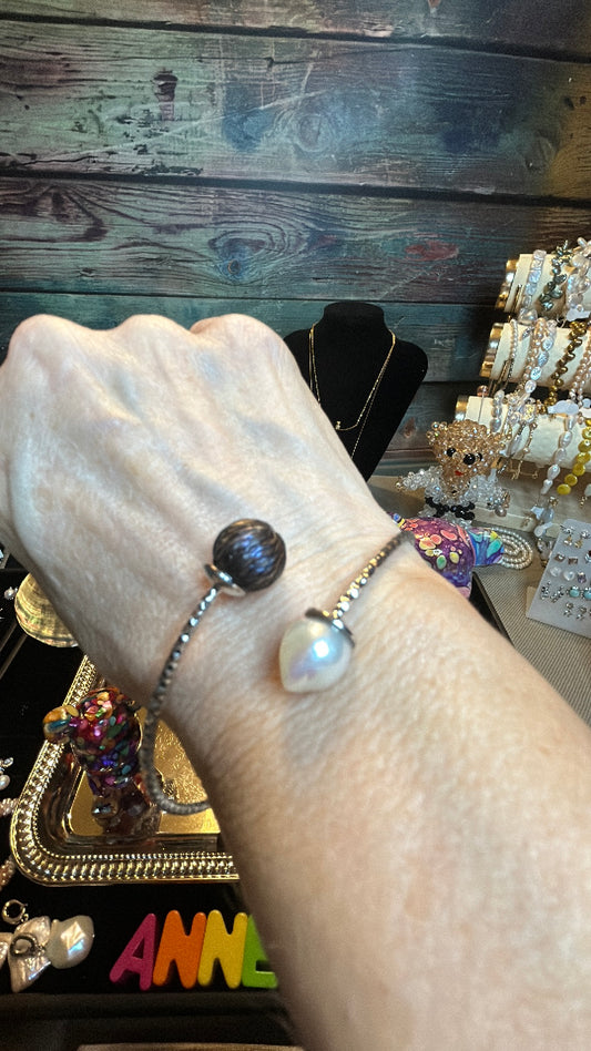 Black dragon scale & baroque pearl bangle bracelet