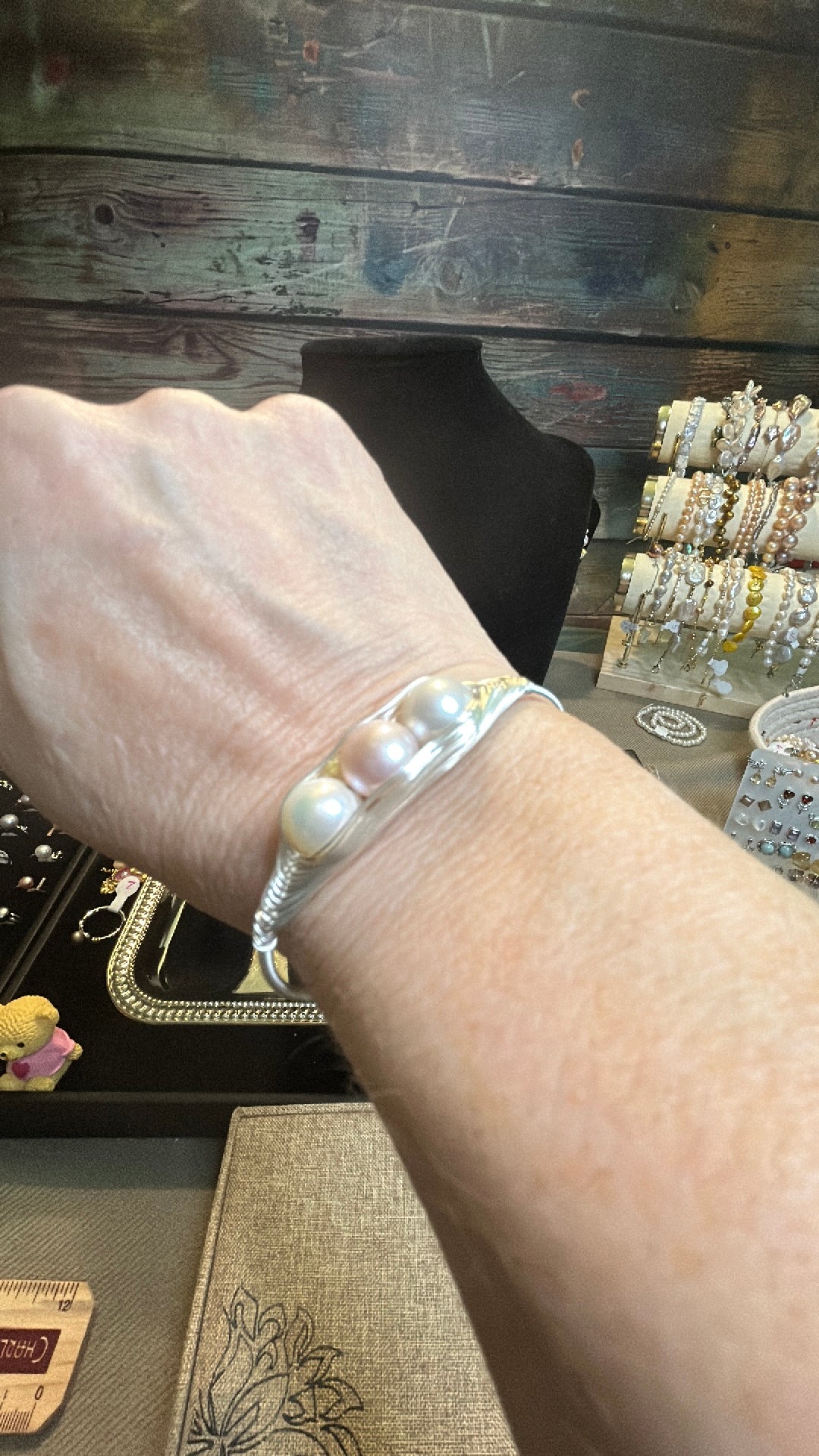 Silver triple pearl wrapped bracelet