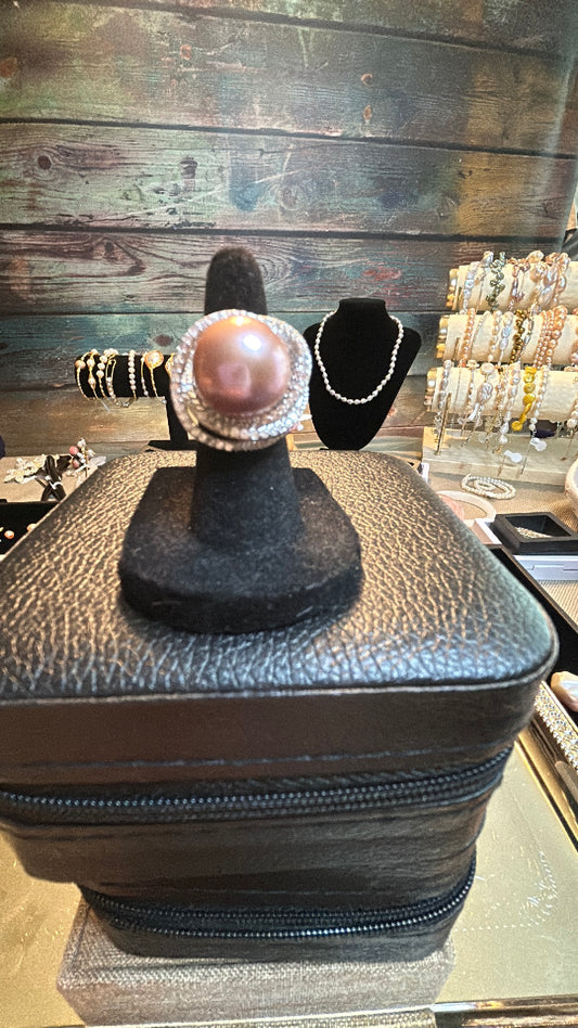 Purple Edison pearl ring with CZ halo adjustable