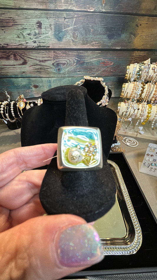 Freshwater pearl mosaic ring adjustable