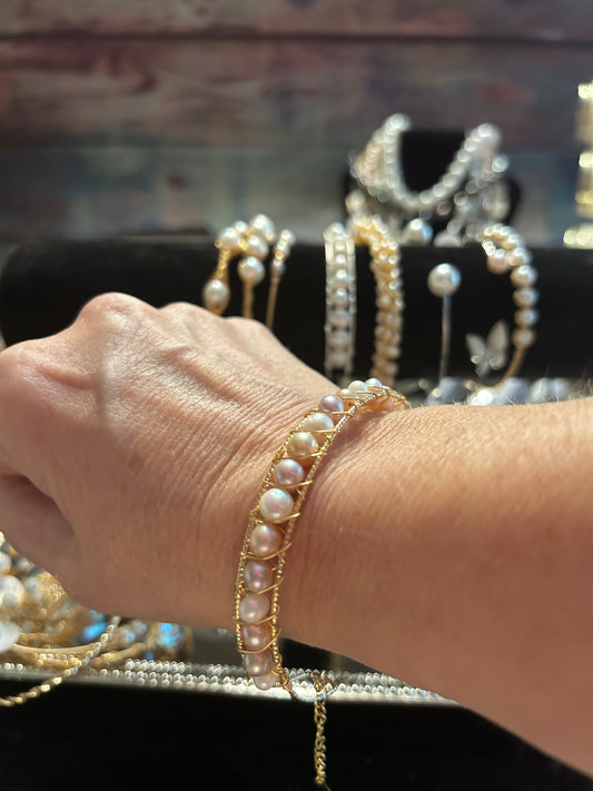 Freshwater pearl cuff bracelet with safety chain