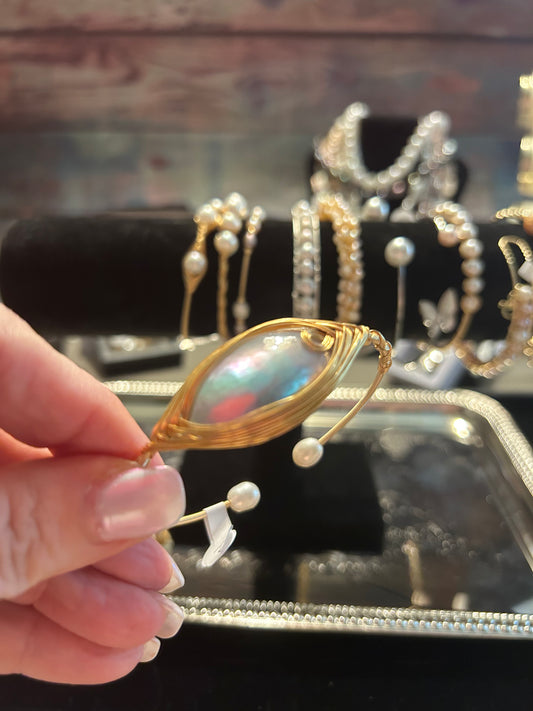 Blue shell wrapped bracelet with pearls