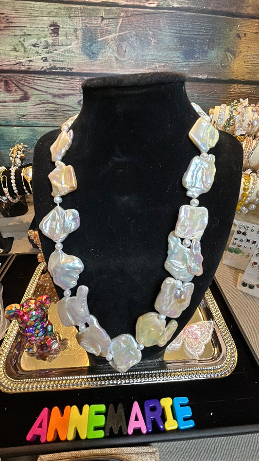 Square silver long baroque necklace