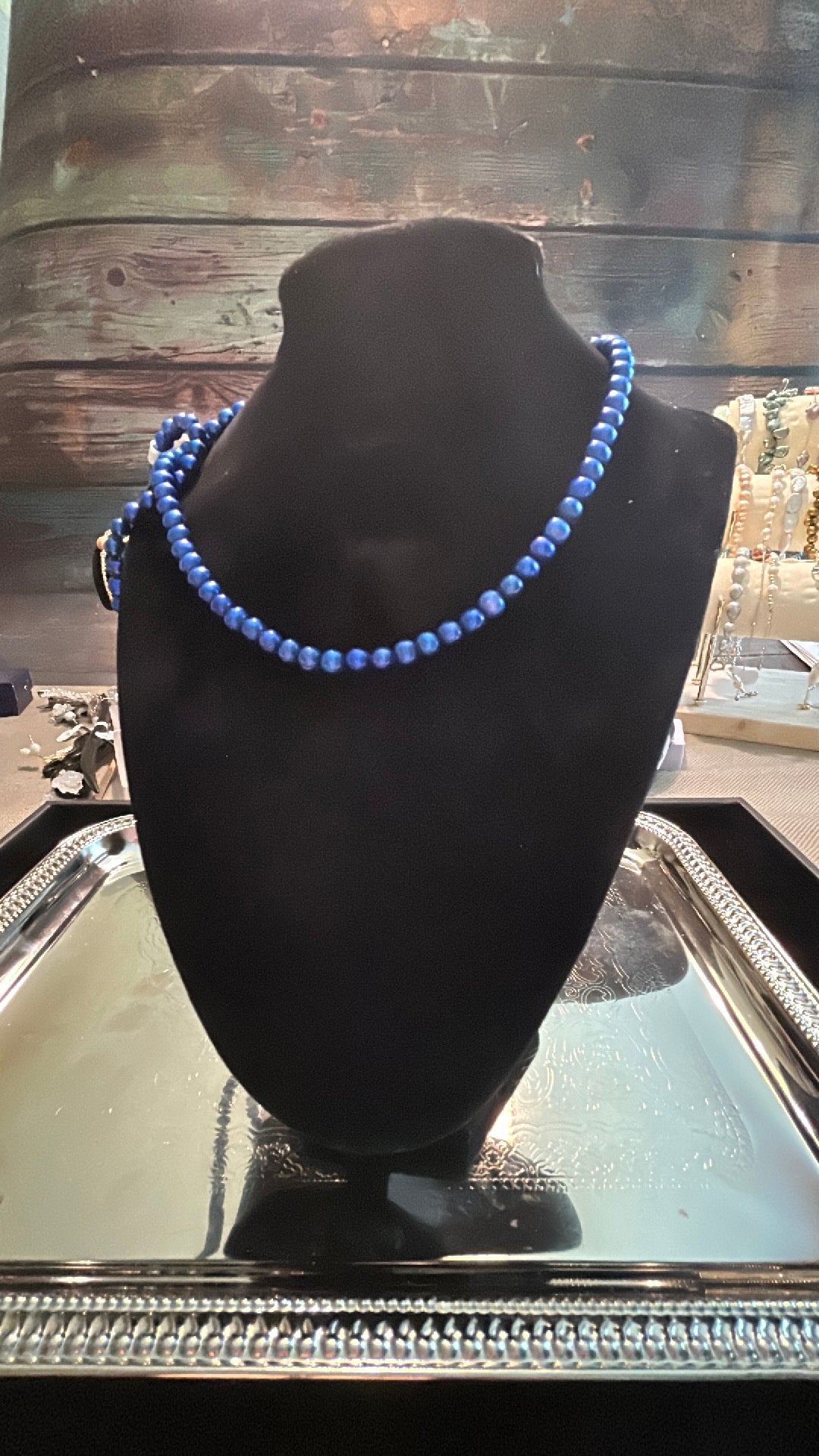 Deep navy color freshwater pearls necklace with matching bracelet
