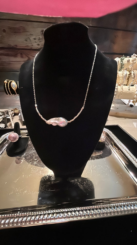 Single baroque sterling silver pearl necklace