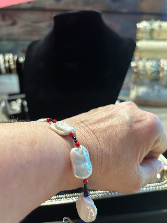 White with red & blue beading rectangular baroque bracelet