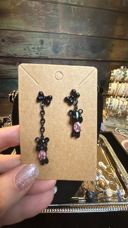 Unique trendy black earrings with pink crystal bear