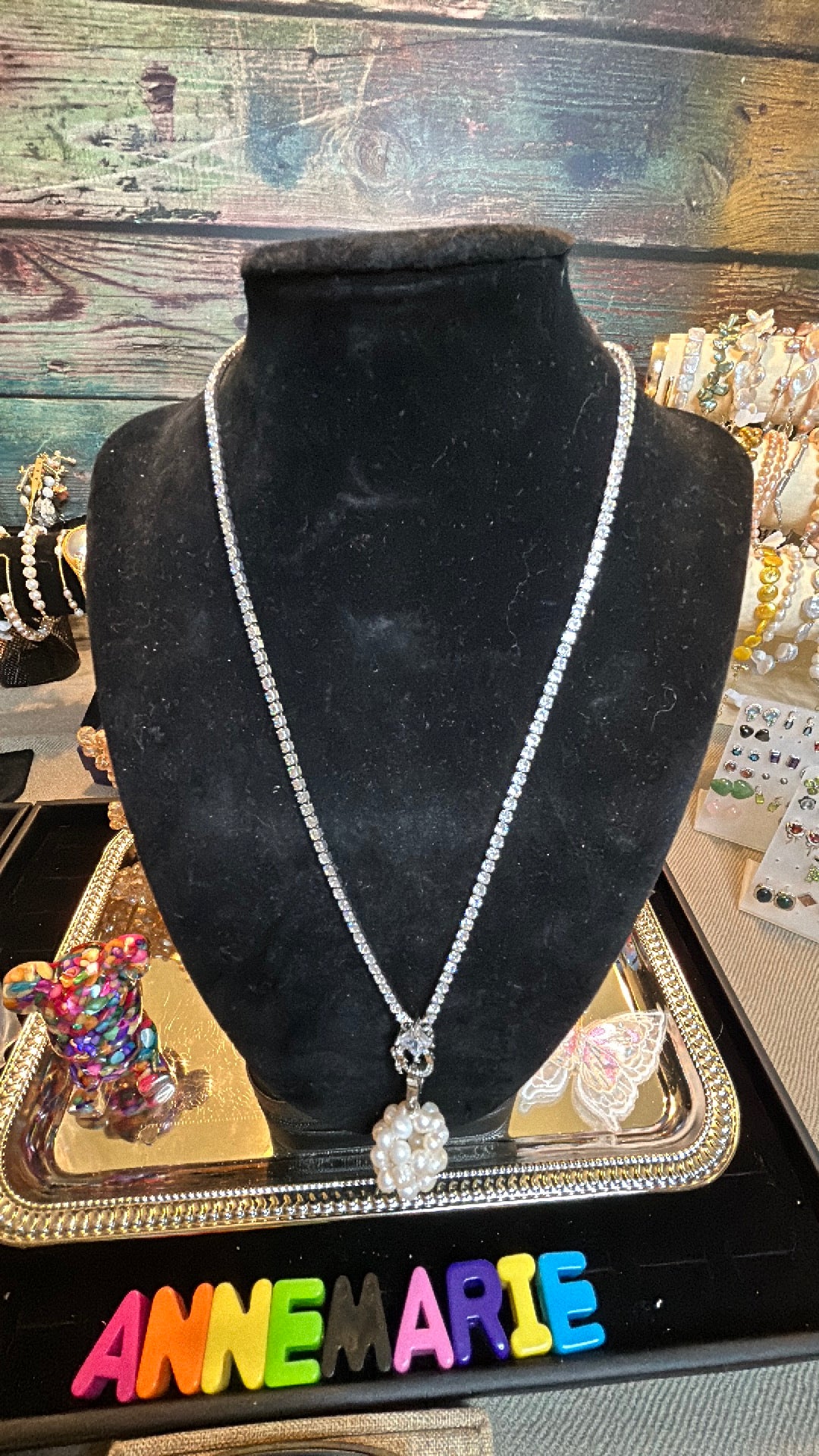 CZ crystal necklace with interchangeable pearl Pom Pom necklace