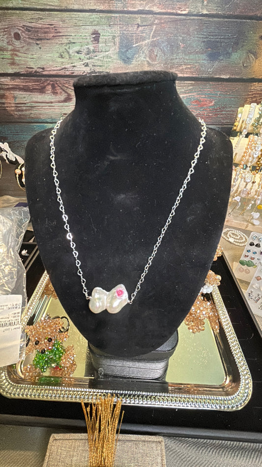 Double baroque on silver chain necklace