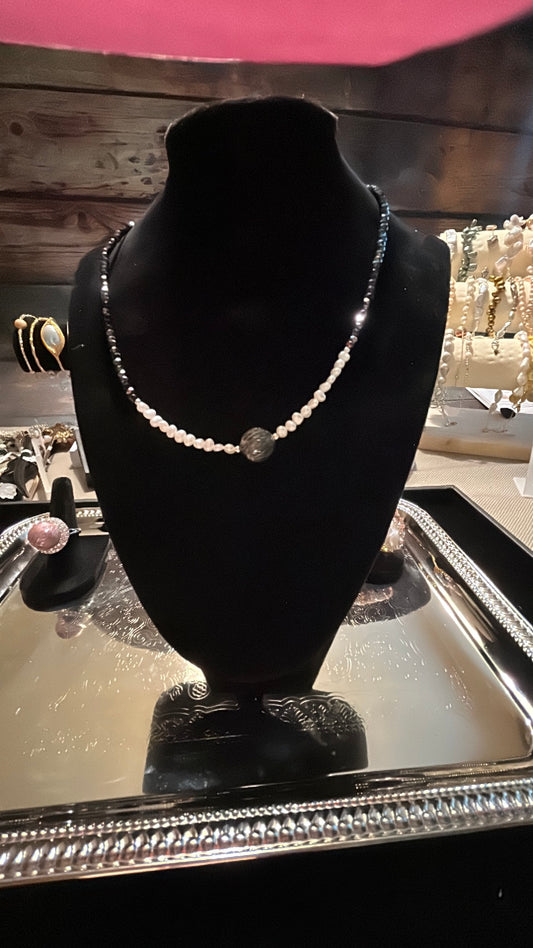Single black dragon pearl with freshwater pearls & black crystals necklace