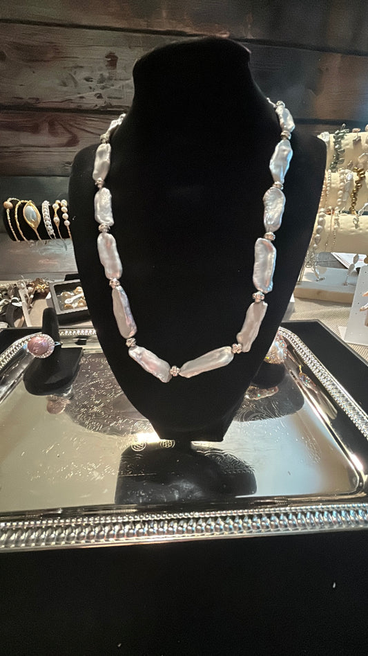 Full Kashi or stick baroque silver necklace with silver beads