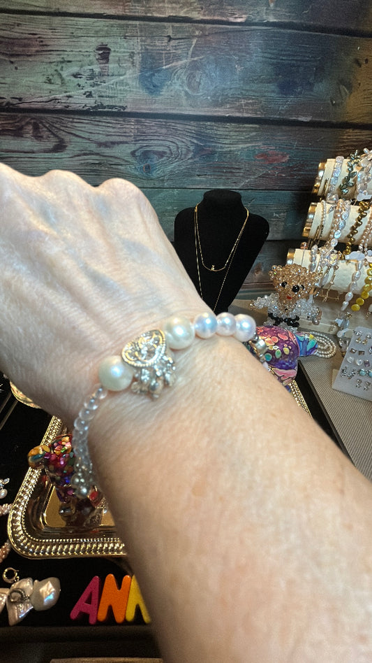 White freshwater pearl bangle with charms