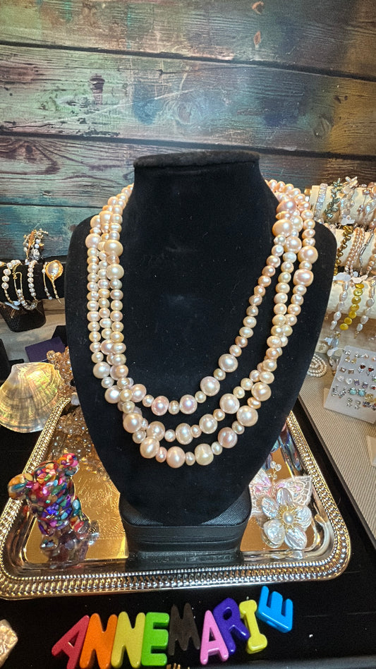 Extra long triple strand freshwater pearl champagne necklace