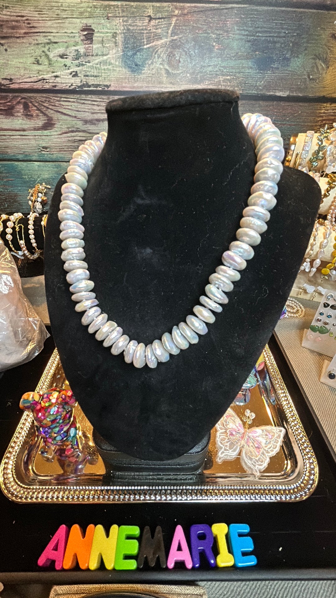 Silver stacked coin baroque necklace